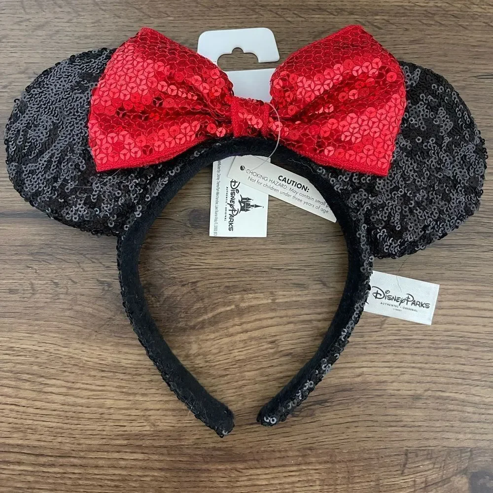 Disney Black Sequin Minnie Ears with Red Bow